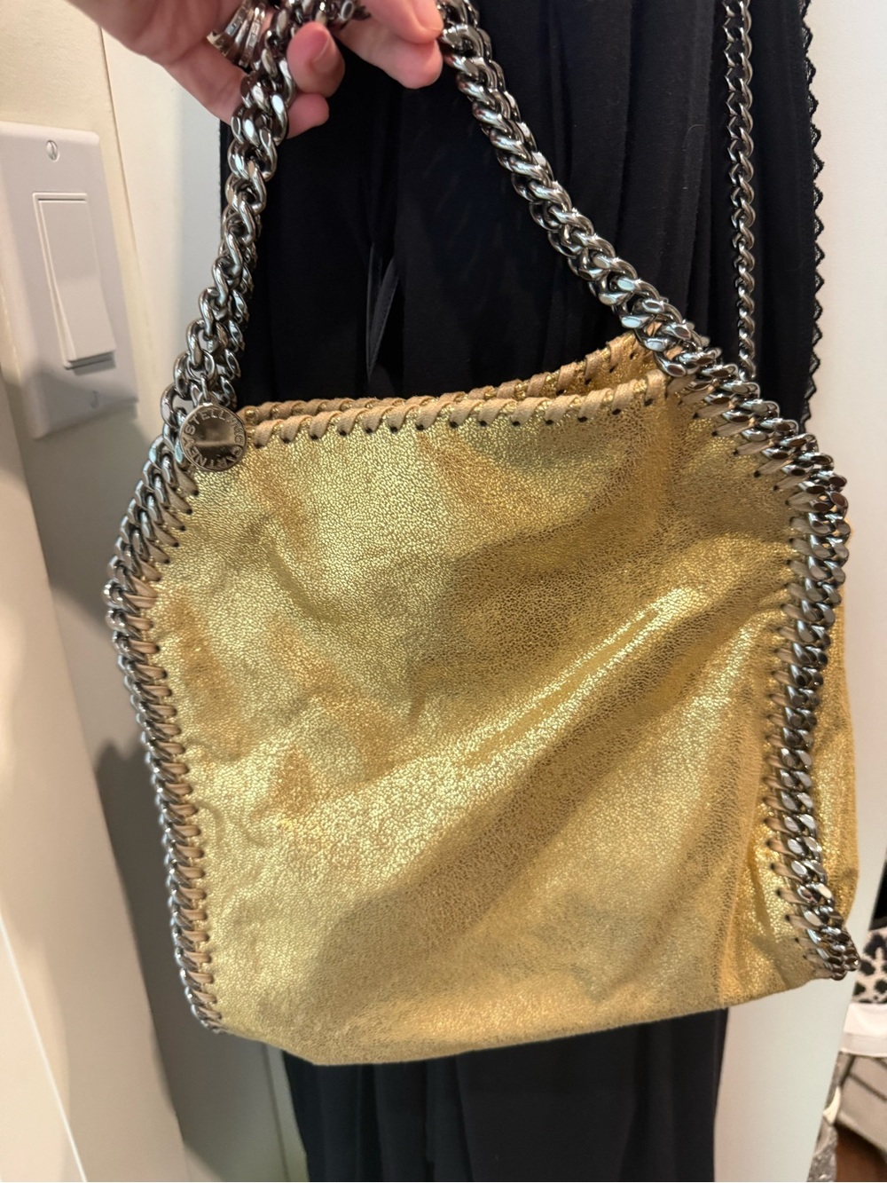 Stella McCartney Mini Metallic Gold Chain-Trim Tote Bag